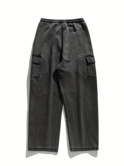 Multi-Pocket Loose Fit Denim Cargo Pants - Soft Cotton Blend, Drawstring Waist, Relaxed Style for Spring and Fall Outdoor Activities, Casual Everyday Wear