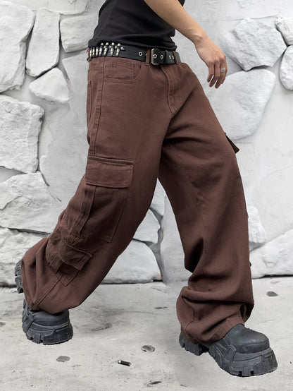 Street Style Solid Wide Leg Cargo Denim Pants For Men, Leisure Trendy Jeans For Males