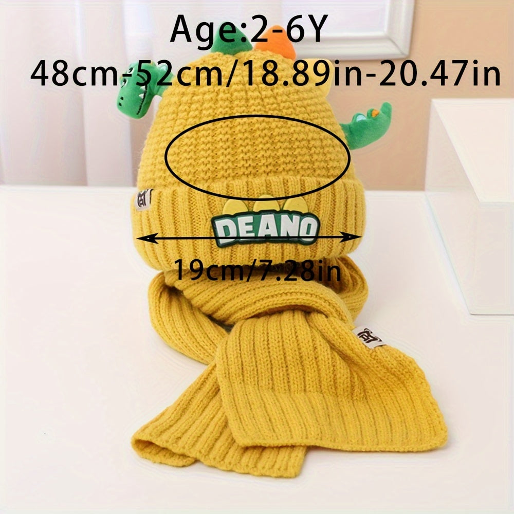 Children's Dinosaur Knit Beanie and Scarf Set Polyester - Hand Wash Stretch Fit Cartoon Dinosaur Pattern - Lightweight Fall/Winter Cap for Daily, Casual, Travel, Birthday Parties - Fits Ages 3-14 (Pack of 2)