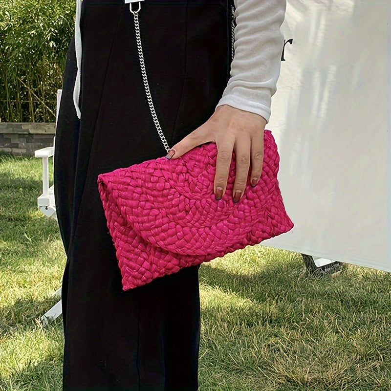 Women's Fashion Flap Envelope Straw Bag, Summer Beach Handmade Wallet, Clutch Solid Color Travel Wallet