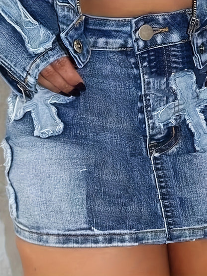Mid Waist Brief Stretchy Denim Skater Skirt - Embroidered, Patchwork, Frayed Accents, High Stretch Fabric, Street Style, Casual Summer Fashion, Customized, Slim Fit, Woven, No Printing, Spring/Summer/Fall Wear