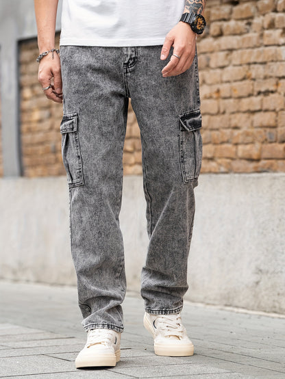 Men's Distressed Vintage Style Loose Fit Jeans - Soft Cotton Blend Fabric, Stylish Ripped Knees, Classic Five-Pocket Design, Perfect for Casual Street Wear, Spring and Fall Season, Comfortable and Fashionable Denim Pants for Men
