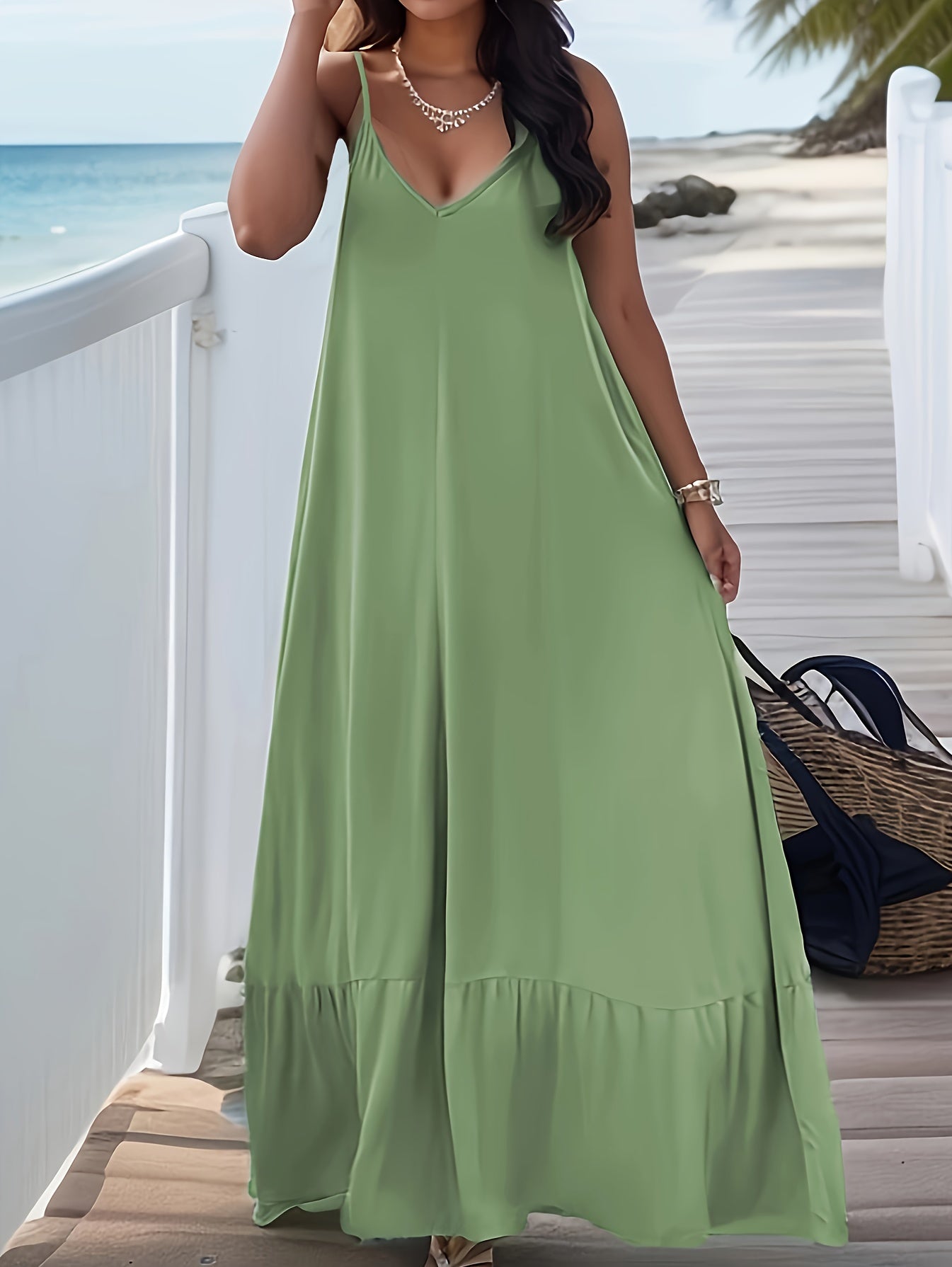 Plus Size Flowy Maxi Dress - Comfy V-Neck Spaghetti Strap with Backless Design - Perfect for Casual Outings