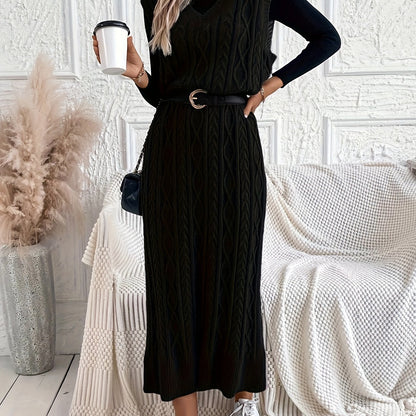 Cozy Cable Knit Sweater Dress - Elegant Sleeveless V-Neck Maxi Dress with Relaxed Fit, Soft and Warm Fabric, Perfect for Casual Daily Wear, Women's Clothing, No Belt Included