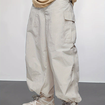 Rugged yet Stylish Mens Cargo Pants - Loose Fit, Solid Color with Flap Pockets & Adjustable Drawstring Hem - Ideal for Outdoor Adventures, Casual Wear & Street Style
