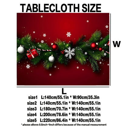 1pc Christmas Joy Tablecloth, Festive Red with Christmas Pine & Ornaments, Polyester Woven Table Runner, Machine-Made, Easy Clean & Dry, Square/Rectangular for Dining, Kitchen, and Living Room Decor, Gift Idea