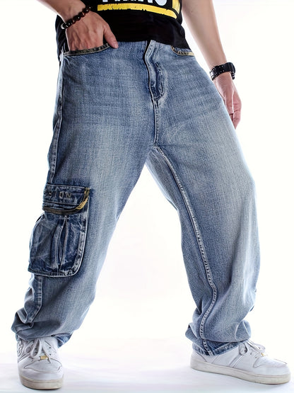Plus Size Men's Fashionable Multi-Pocket Straight Leg Jeans - Stylish Street Dance and Skateboard Wear with Loose Fit, Round Neck, and Hip Hop Inspiration - Daily Wear for Casual Occasions