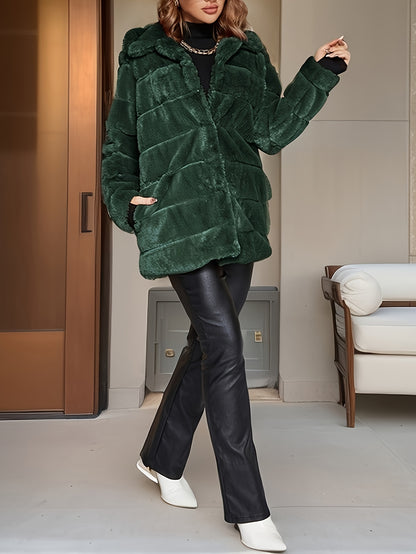Solid Color Open Front Coat, Elegant Button Decor Baggy Long Sleeve Faux Fur Coat For Winter & Fall, Women's Clothing