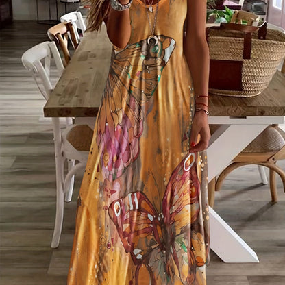 Butterfly Print V-Neck Casual Dress - Lightweight & Feminine for Spring & Summer - Short Sleeve, Comfortable Fit - Trendy Womens Clothing for Warm Weather