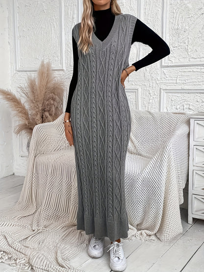Cozy Cable Knit Sweater Dress - Elegant Sleeveless V-Neck Maxi Dress with Relaxed Fit, Soft and Warm Fabric, Perfect for Casual Daily Wear, Women's Clothing, No Belt Included