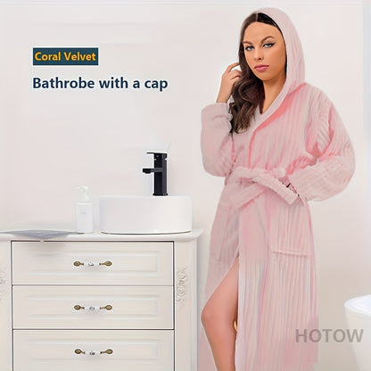 Super Soft Coral Velvet Hooded Bathrobe, Unisex Winter Warm Robe, Polyester & Polyamide Blend, Absorbent, Casual Knit Long Robe with Hood & Pockets, Machine Washable, Universal Space Theme, for Autumn & Winter - 350gsm Towel Fabric