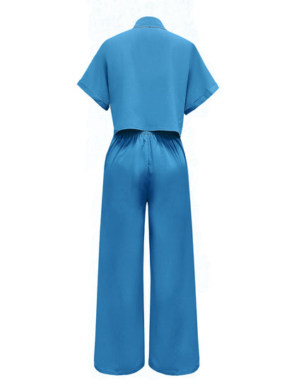 Two-Piece Solid Color Casual Outfit - Lapel Collar Short Sleeve Shirt and Pants Set - Polyester Woven Fabric, Spring/Summer Essential, No Elasticity, No Printing, and No Sheer