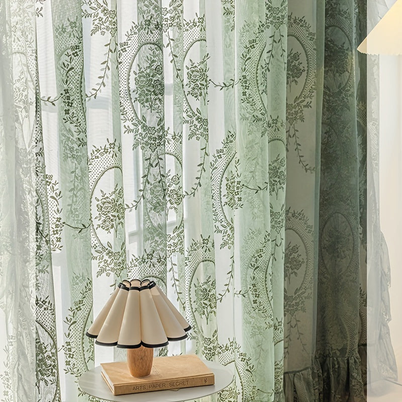 1pc Romantic Vintage Green Floral Embroidery Lace Voile Sheer Curtain - Ruffled Short Window Drapery for Bedroom Office Kitchen Living Room Study - Elegant Home Decor with Soft Filtered Light and Privacy