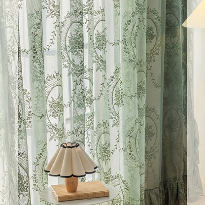 1pc Romantic Vintage Green Floral Embroidery Lace Voile Sheer Curtain - Ruffled Short Window Drapery for Bedroom Office Kitchen Living Room Study - Elegant Home Decor with Soft Filtered Light and Privacy