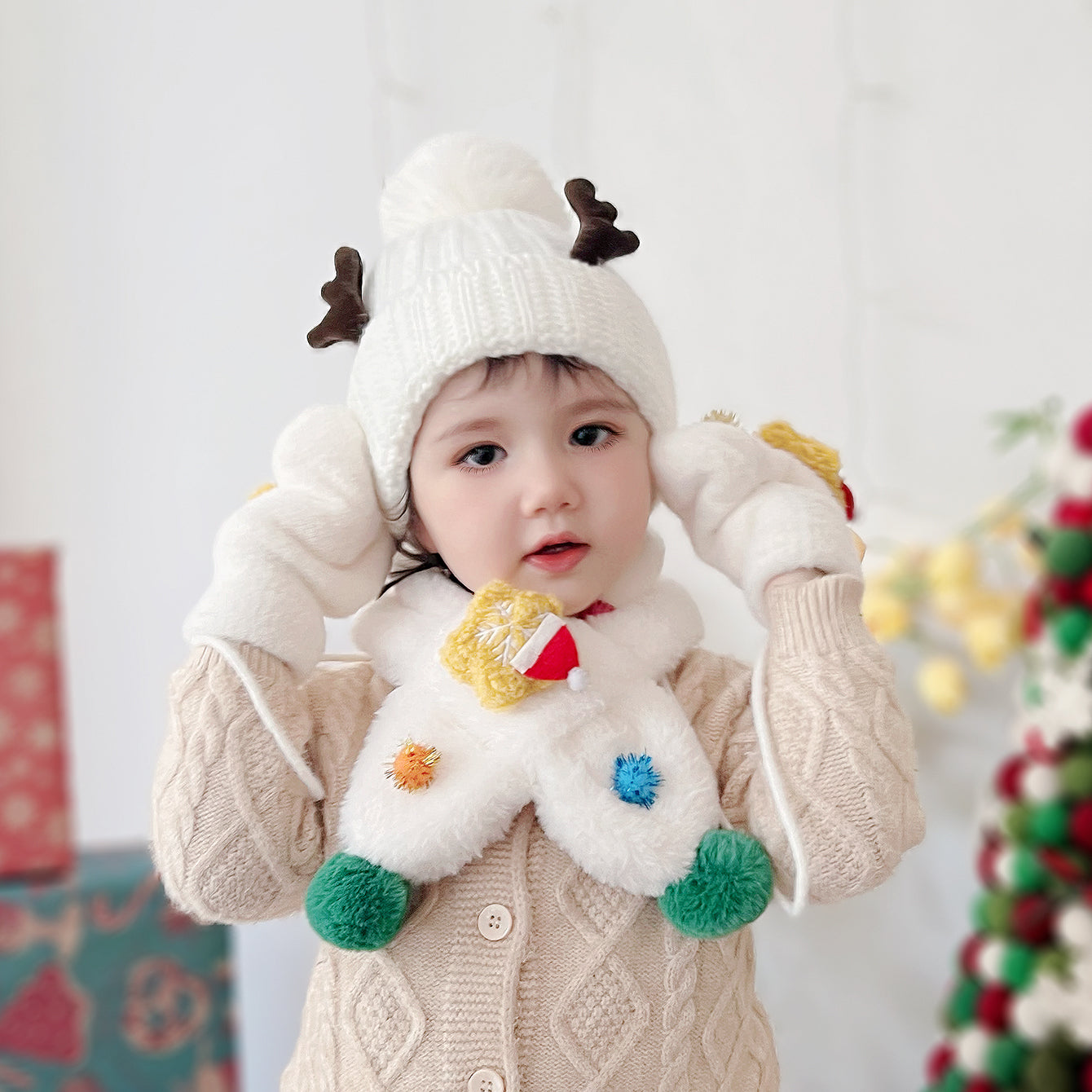 Christmas Elk Antler Knitted Hat & Snowman Scarf & Gloves