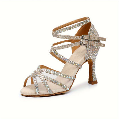Stunning Womens Latin Dance High Heel Shoes - Rhinestone Cross Straps, All-Weather Grip, Peep Toe Design, Perfect for Dress Dance Party, Music Festival, and Ballroom Dance - All-Season Wear