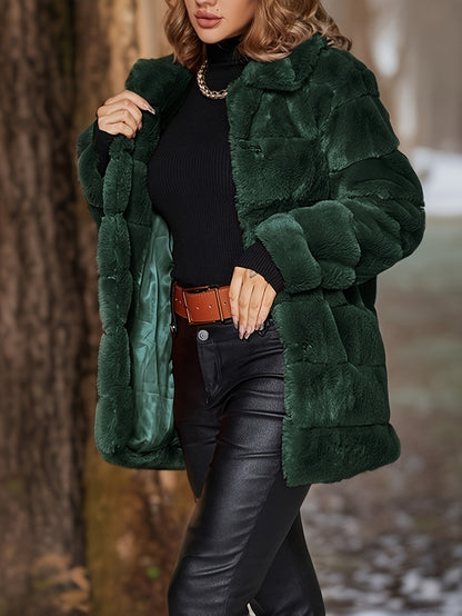 Solid Color Open Front Coat, Elegant Button Decor Baggy Long Sleeve Faux Fur Coat For Winter & Fall, Women's Clothing