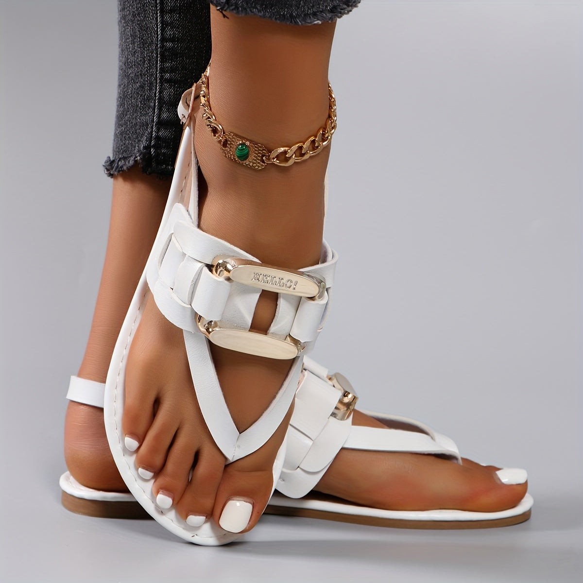 Stylish Flat Sandals for Women - Buckle Ankle Strap, Lightweight, Open Toe, Faux Leather Upper, TPR Sole, Metallic Buckle Clip, Perfect for Beach Vacation and Daily Wear