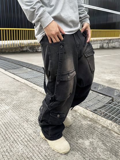 Men's Casual Loose Fit Cotton Denim Cargo Pants - All-Season Wear, Drawstring Waist