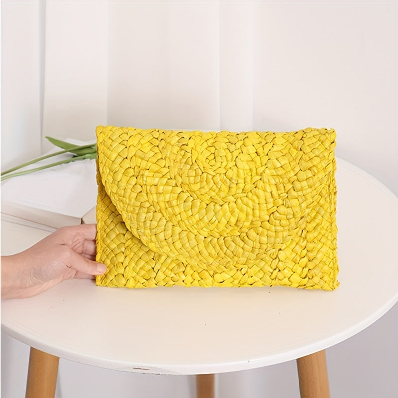 Women's Fashion Flap Envelope Straw Bag, Summer Beach Handmade Wallet, Clutch Solid Color Travel Wallet