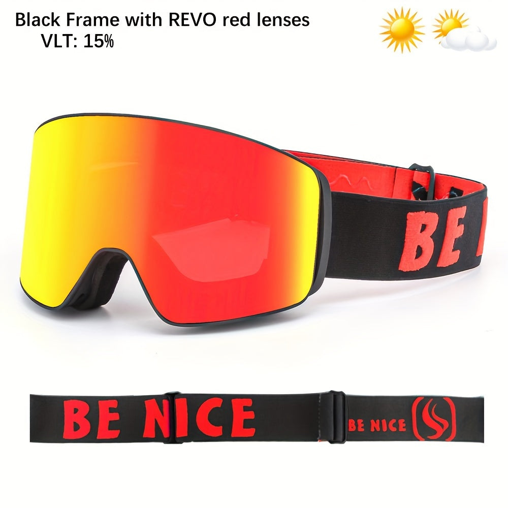 [1pc Magnetic Lens Ski Goggles] BE NICE Adult Ski Goggles, Mirrored Magnetic Lens, Anti-Fog UV400, Snowboard Goggles for Men & Women, Snowmobile Compatible, with TPU Frame, for Alpine, Cross-Country, Telemark, Snowboard, Ice Hockey Sports Eyewear