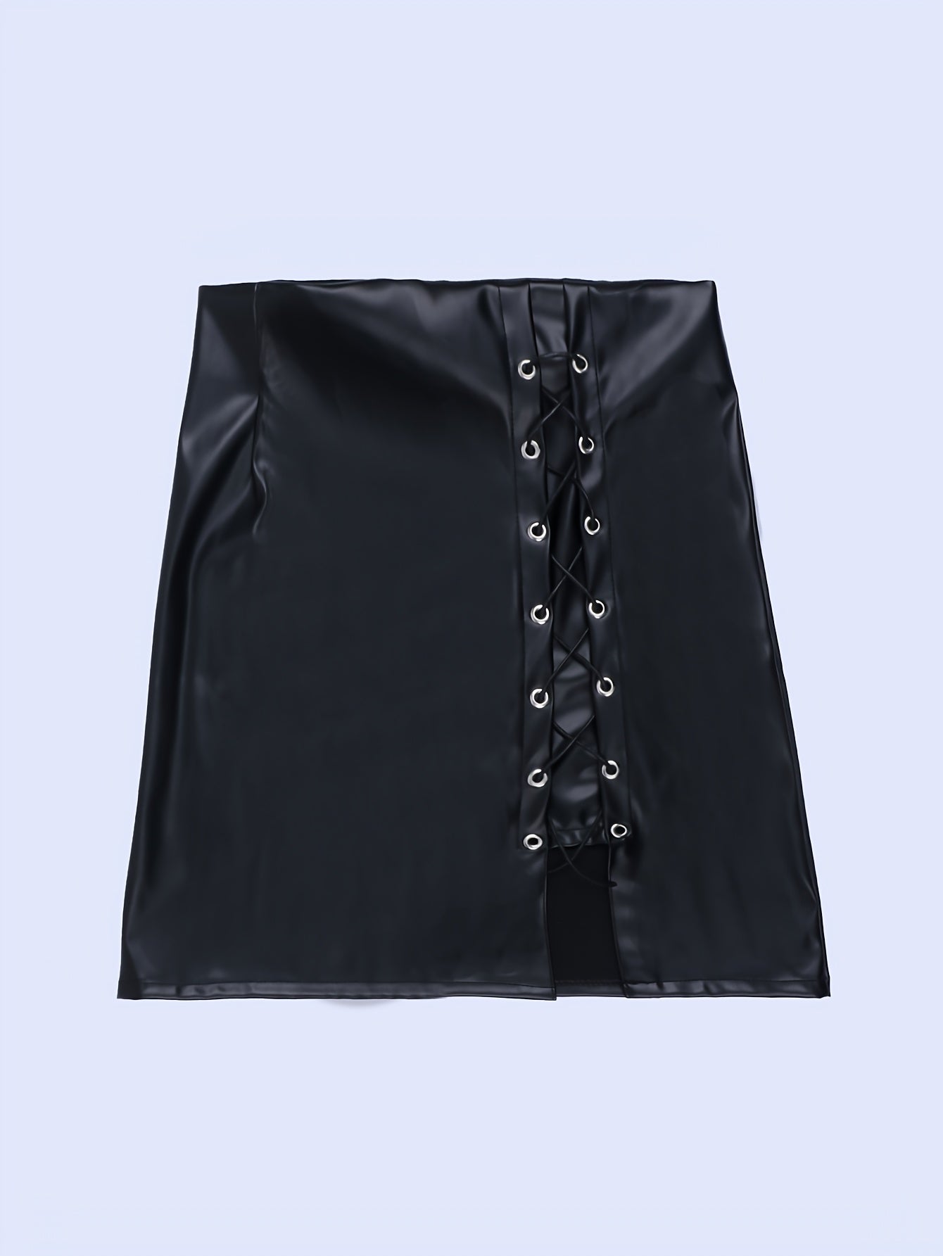 Women's Street Style Split Hem Lace Up Plain Black Color Denim Skirt, PU Leather Coated Bodycon Faux Leather Skirt