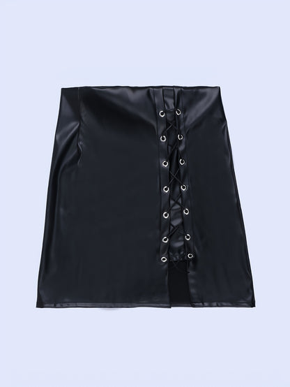 Women's Street Style Split Hem Lace Up Plain Black Color Denim Skirt, PU Leather Coated Bodycon Faux Leather Skirt