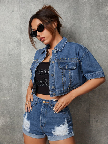 Stylish Denim Top - Sleek Short Sleeves, Eye-Catching Studded Accents, Classic Lapel Collar, Timeless Single-Breasted Design, Relaxed Fit for Everyday Wear - Womens Fashion, Part of Our Denim Collection