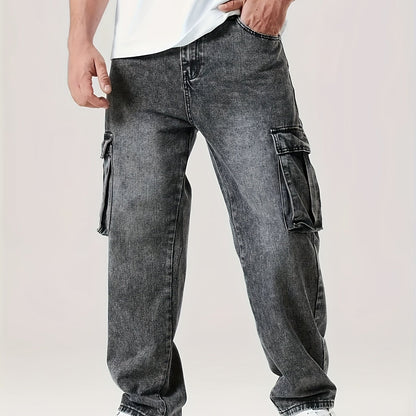 Stylish Comfy Loose Fit Wide Leg Cargo Jeans - Men's Versatile Denim Pants for Four Seasons with Multiple Pockets - Perfect for Casual Daily Wear