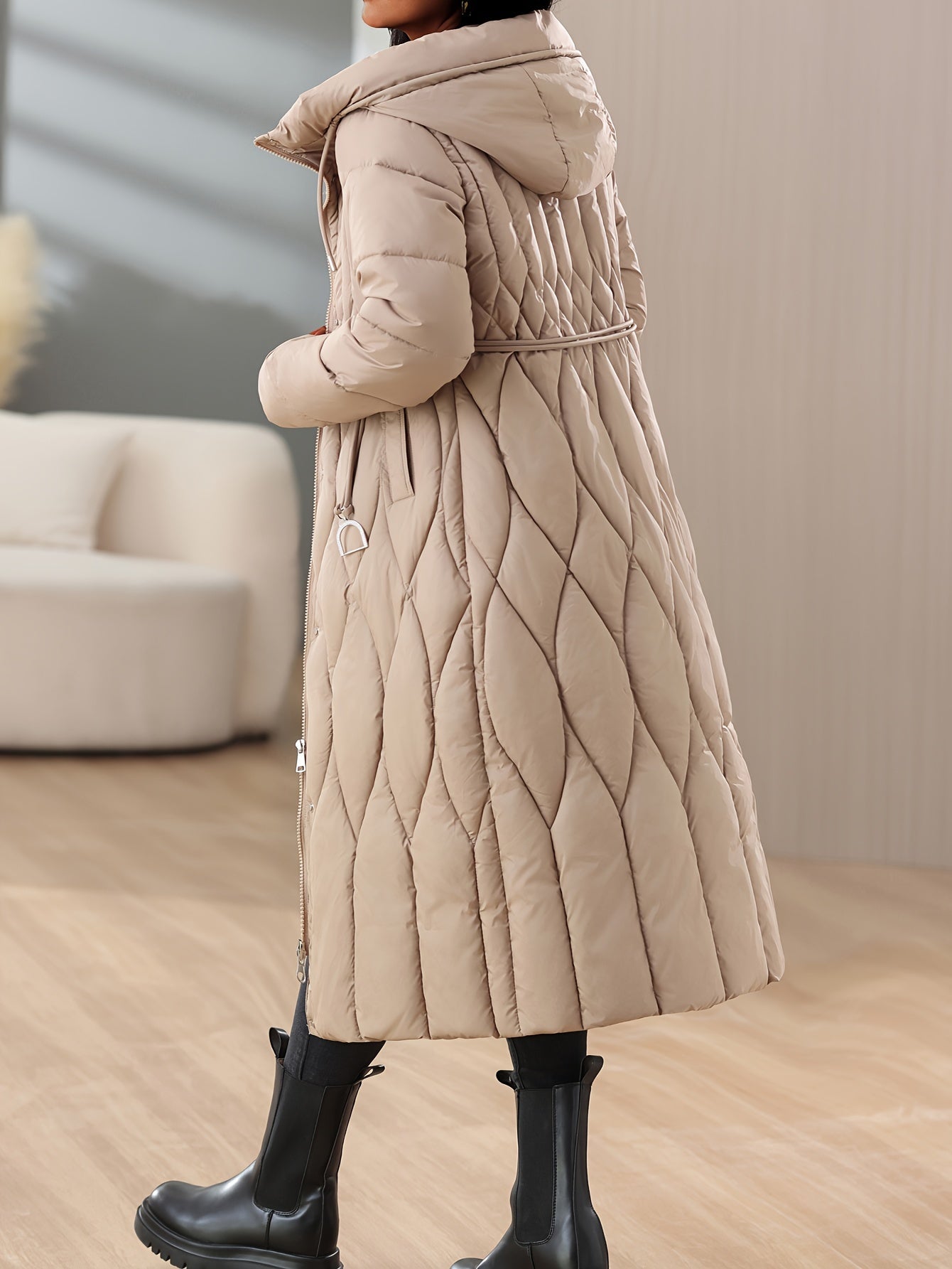 Chic Winter Hooded Coat for Women - Slim Fit, Thick Padded with Belt Detail, Long Sleeve, Machine Washable