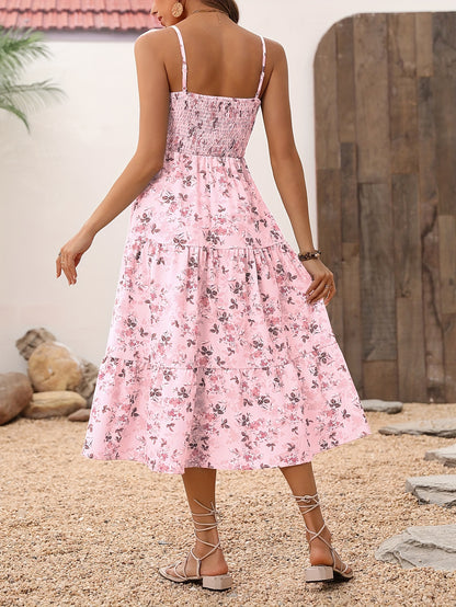 Flirty Floral Print Shirred Maxi Dress - Adjustable Spaghetti Straps, Lightweight Summer Wear for Beach Vacations - Feminine Elastic Shirring, Perfect Womens Casual Clothing for a Stylish Getaway
