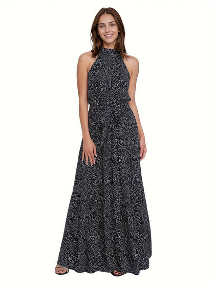 Polka Dot Halter Neck Maxi Dress, Elegant Sleeveless Belted Dress For Spring & Summer, Women's Clothing
