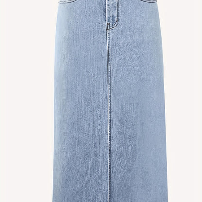 Stretchy Denim Skirt - Flattering A-line Silhouette with Classic Button Front, Trendy Raw Hem, and Ultra-Stretchy Material for Effortless Casual Style - Womens Comfortable Fashion Essential