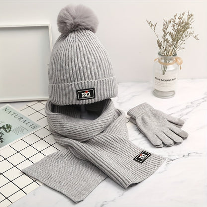 Winter Beanie Scarf Glove Set - 3 Piece Knitted Warm Accessories Kit, Elastic Polyester & Cotton Blend, Crafted Beanie with Pom Pom Detail, Cozy Knit Gloves - Unisex Cold Weather Gear