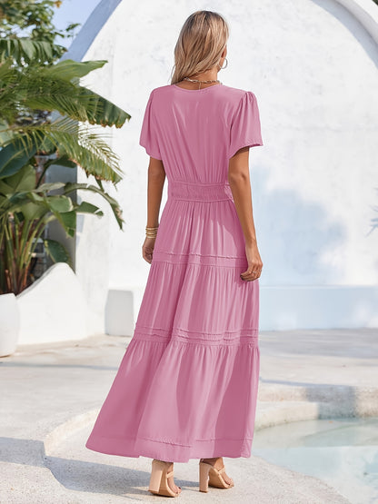 Solid Color V Neck Maxi Dress, Boho Short Sleeve Elastic Waist A Line Flowy Dress, Women's Clothing