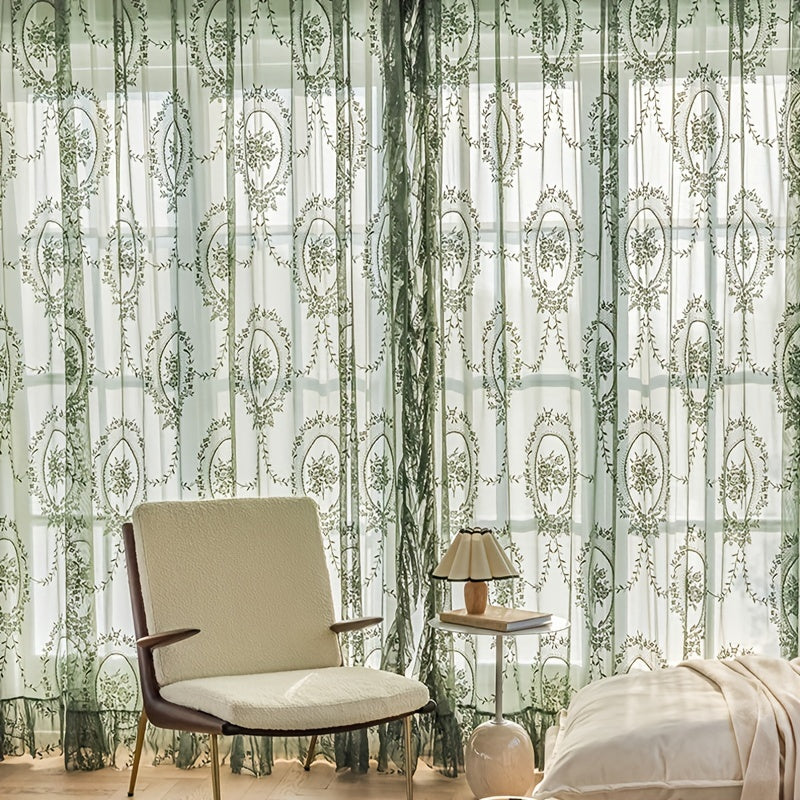 1pc Romantic Vintage Green Floral Embroidery Lace Voile Sheer Curtain - Ruffled Short Window Drapery for Bedroom Office Kitchen Living Room Study - Elegant Home Decor with Soft Filtered Light and Privacy
