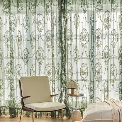 1pc Romantic Vintage Green Floral Embroidery Lace Voile Sheer Curtain - Ruffled Short Window Drapery for Bedroom Office Kitchen Living Room Study - Elegant Home Decor with Soft Filtered Light and Privacy