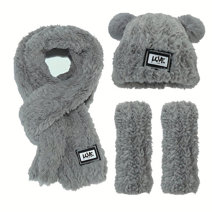 2pcs+1pair/set Labelled Lettering Double Balls Knit Hat & Scarf & Gloves For Autumn And Winter Outdoor, Ideal choice for Gifts