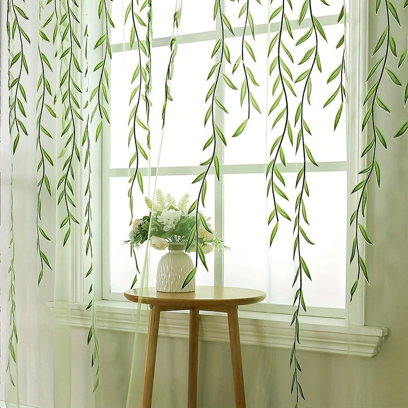 1pc Elegant Willow Leaf Strip Window Sheer Curtains for Home Decor - Rod Pocket Design for Kitchen, Bedroom, Study, Cafe, and Living Room