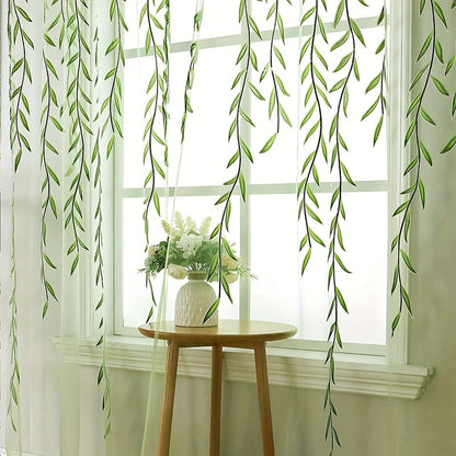 1pc Elegant Willow Leaf Strip Window Sheer Curtains for Home Decor - Rod Pocket Design for Kitchen, Bedroom, Study, Cafe, and Living Room