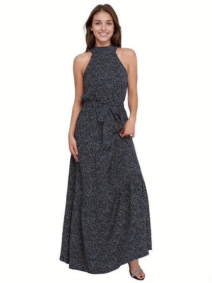 Polka Dot Halter Neck Maxi Dress, Elegant Sleeveless Belted Dress For Spring & Summer, Women's Clothing