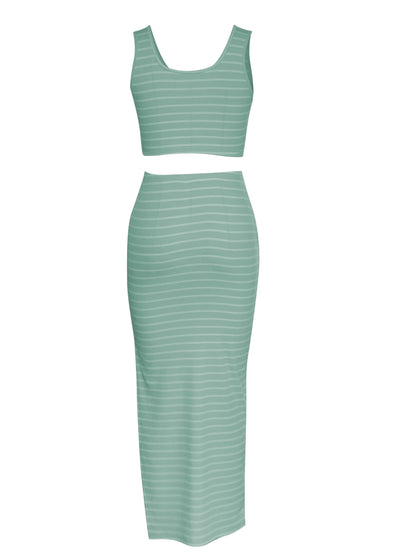 Two-Piece Chic Striped Print Set - Skirt Suits with Crew Neck Sleeveless Tank Top and Split High Waist Skirt Outfits, Elegant Women's Clothing for Everyday Wear