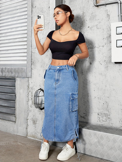Womens Classic Maxi Denim Skirt - Soft Light Washed Blue with Adjustable Side Drawstring, Stylish Multi-Pocket Cargo Design, and Durable Denim Material for Comfortable Everyday Wear