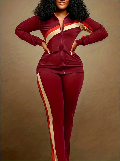 Spring/Fall Chic Stripe Set: Easy-Care Zip Jacket & Relaxed Wide-Leg Pants, Casual Retro Style