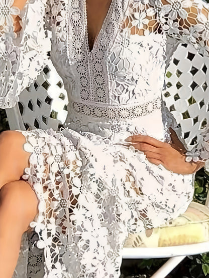 LOVECCR Timeless Elegance Guipure Lace V-Neck Cocktail Dress - Long Sleeve Sheath Style for Glamorous Evening Parties & Banquets - Womens Designer Clothing