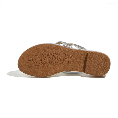 Slippers Summer Women Crystal Flip Flops Fashion Rhinestone Flat Heel Peep Toe Elegant Beach Outdoor Slides Femme