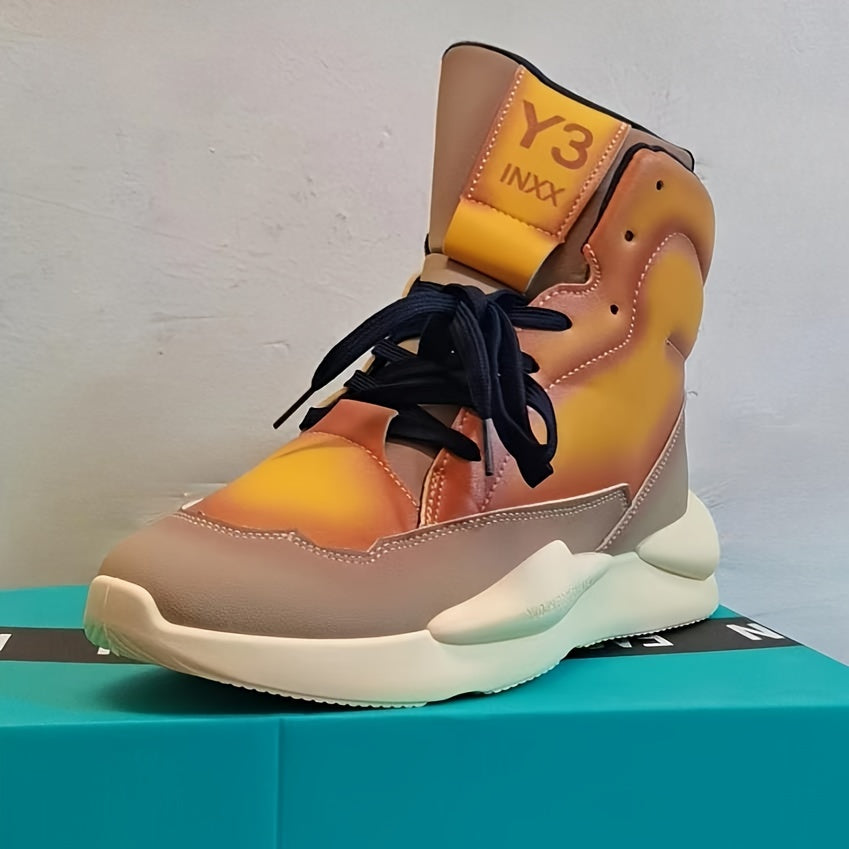 Men's High Top Sneakers Vintage Geometric Pattern, Casual Sports Style with Fabric Insole, PU Upper, Rubber Sole, PVC Midsole, for Hiking & Outdoor Use, Tropical Sun Protection, Lace Closure