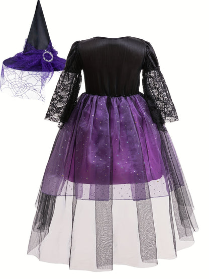 2PCS Girls' Magical Character Dress Up Outfit with Short Sleeve Lace Trim Layered Tutu and Pointed Hat for Halloween Party & Stage Performance