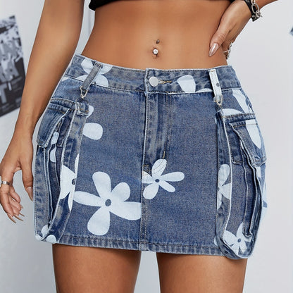 Charming Floral Cargo Denim Skirt - Trendy Unique Design with Flap Pockets, Street-Fashion Style, Perfect for Summer, Casual Chic Mini Skirt