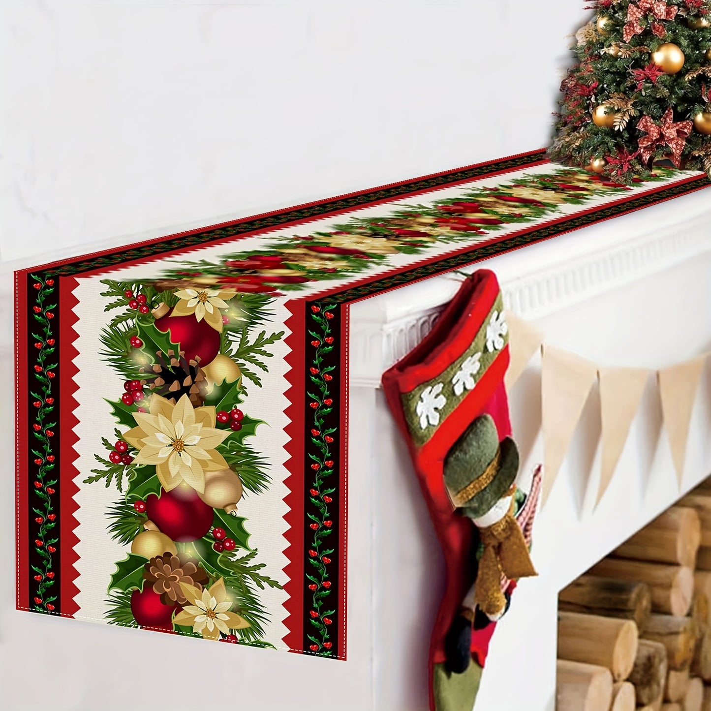 13" x 72" Festive Striped Table Runner - Vibrant Polyester Rectangular Cloth with Floral and Bell Design, Machine Washable, Fade Resistant, and Easy to Clean for Holiday Dining Decorations